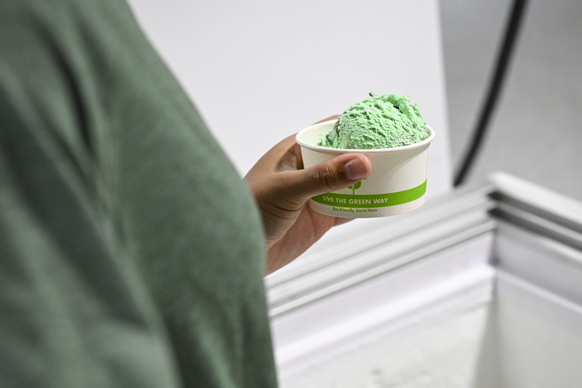 A cup of mint chocolate chip ice cream handed across the freezer to a customer.