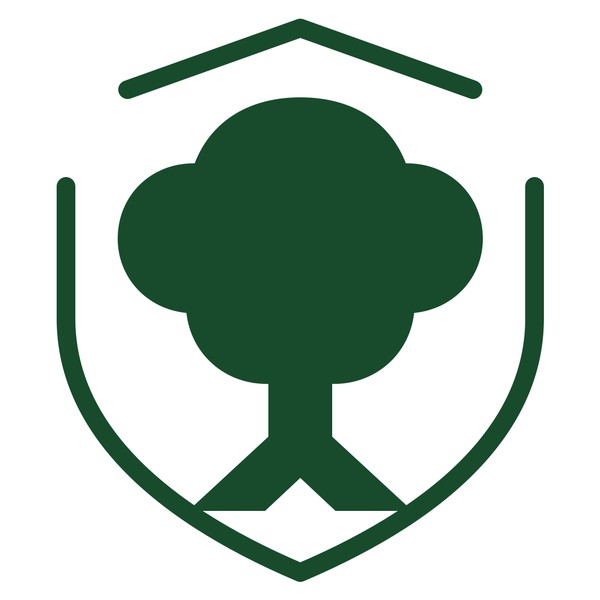 D.W. Tree Care shield emblem, a broad-canopied hardwood tree in forest green inside a shield outline.